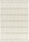 Close-up of Hideo Area Rug. Beige rug with gray and brown horizontal stripes and diamond pattern. Farmhouse style. Design-Rectangle-537