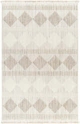 Close-up of the Igone Area Rug. Beige and brown diamond pattern with fringe. Farmhouse style. Design-Rectangle-537