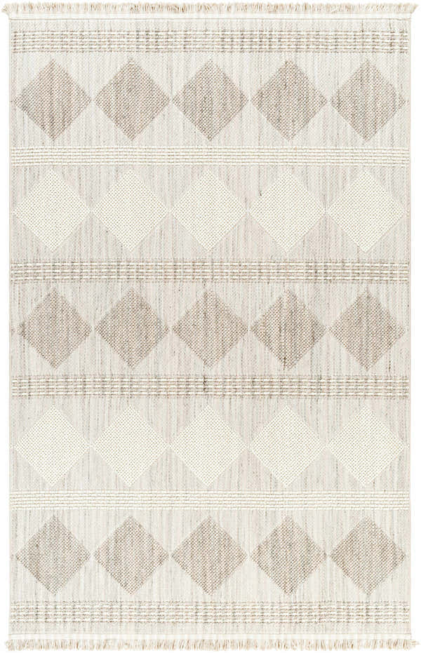 Close-up of the Igone Area Rug. Beige and brown diamond pattern with fringe. Farmhouse style. Design-Rectangle-537