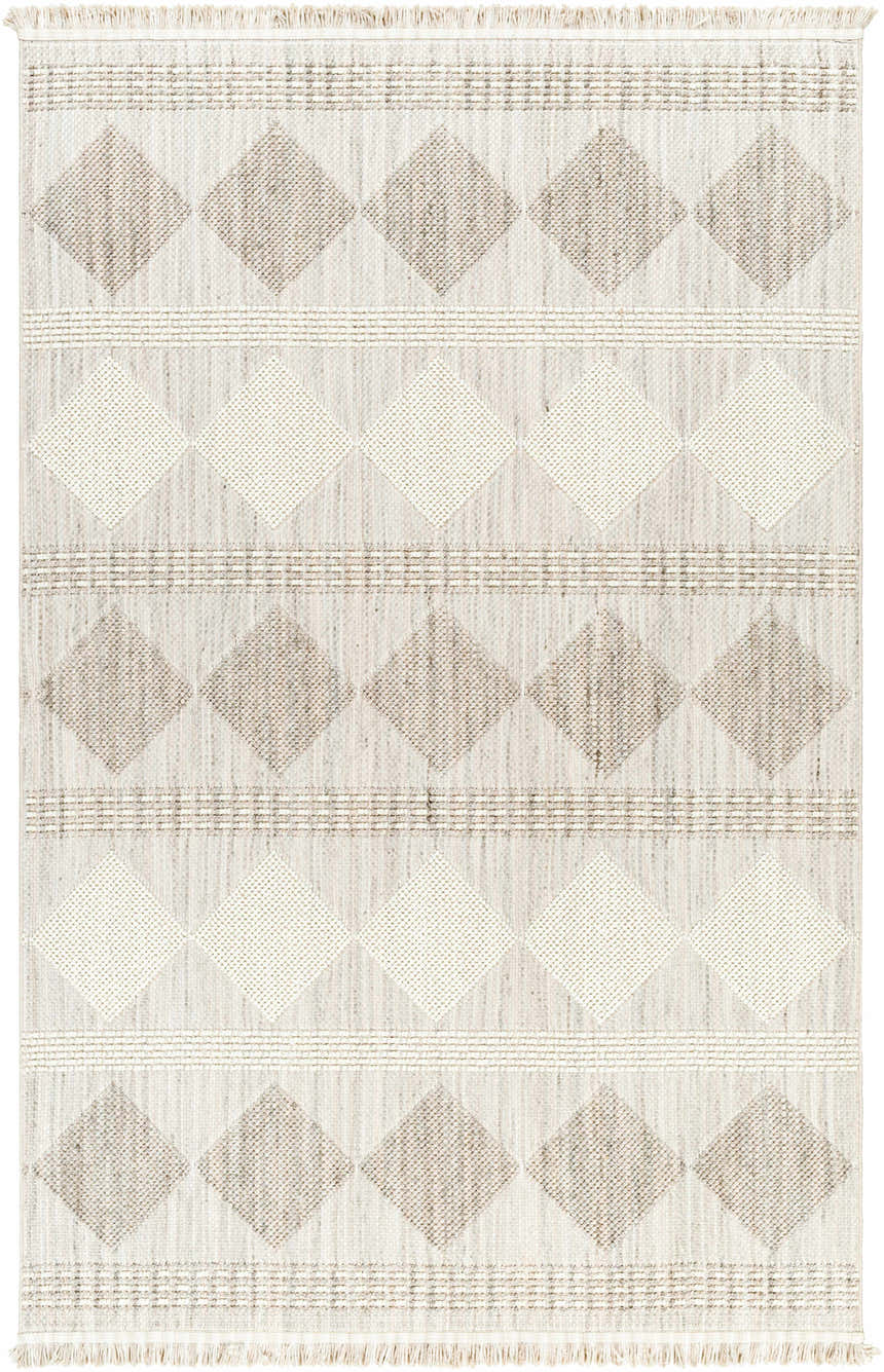 Close-up of the Igone Area Rug. Beige and brown diamond pattern with fringe. Farmhouse style. Design-Rectangle-537