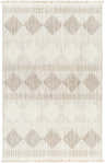 Close-up of the Igone Area Rug. Beige and brown diamond pattern with fringe. Farmhouse style. Design-Rectangle-537