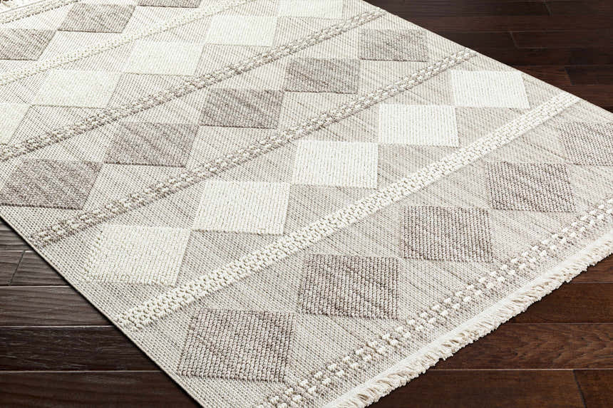 Close-up of the Igone Area Rug showing a beige and brown geometric block pattern with fringe on dark wood floors. Corner