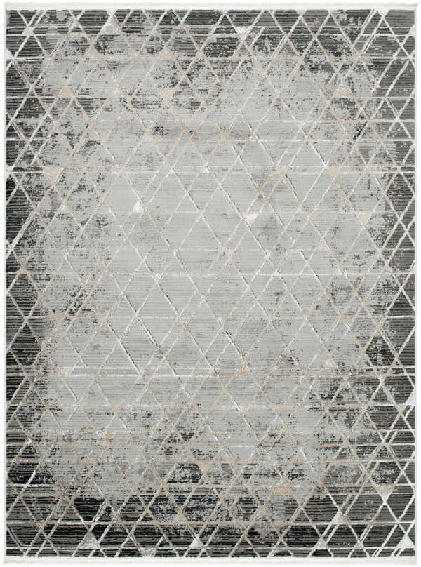 Close-up of the Luol Gray Area Rug featuring a contemporary diamond pattern in charcoal, gray, and natural tones. Design-Rectangle-537
