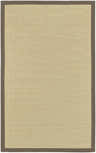 Close-up of the hand-woven Hoolehua Area Rug. Tan jute rug with a contrasting black border. Farmhouse style. Design-Rectangle-58