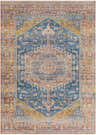 Close-up of the Solana Blue Medallion Area Carpet. Features a traditional, bohemian design with brick red, blue, and orange tones. Design-Rectangle-58