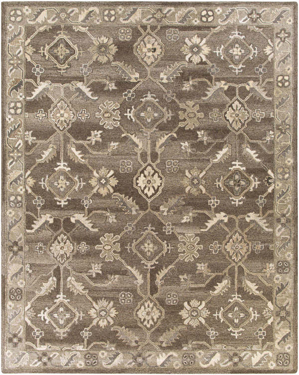Detailed floral pattern on a brown and beige hand-tufted wool Solen Area Rug. Design-Rectangle-7696
