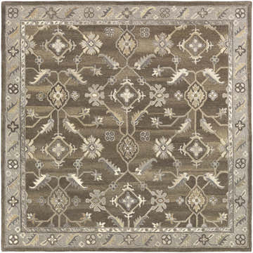 Detailed Solen Area Rug close-up. Hand-tufted wool rug with traditional floral and geometric pattern in brown, taupe, and beige. Design-Square-8