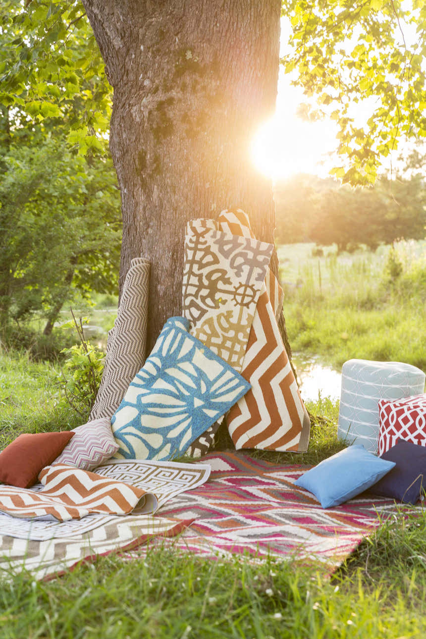 Hollytree Area Rug and other rugs and pillows styled outdoors near a tree in the grass. Styleshot