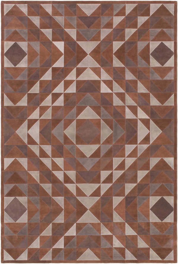 Close-up of the Somis Area Rug. Leather rug with geometric pattern in black, camel, and medium gray. Farmhouse style. Design-Rectangle-576