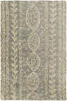 Close-up of the Sonnette Jute Rug. Hand-knotted rug in brown, gray, and ivory with a farmhouse-style geometric pattern. Design-Rectangle-811
