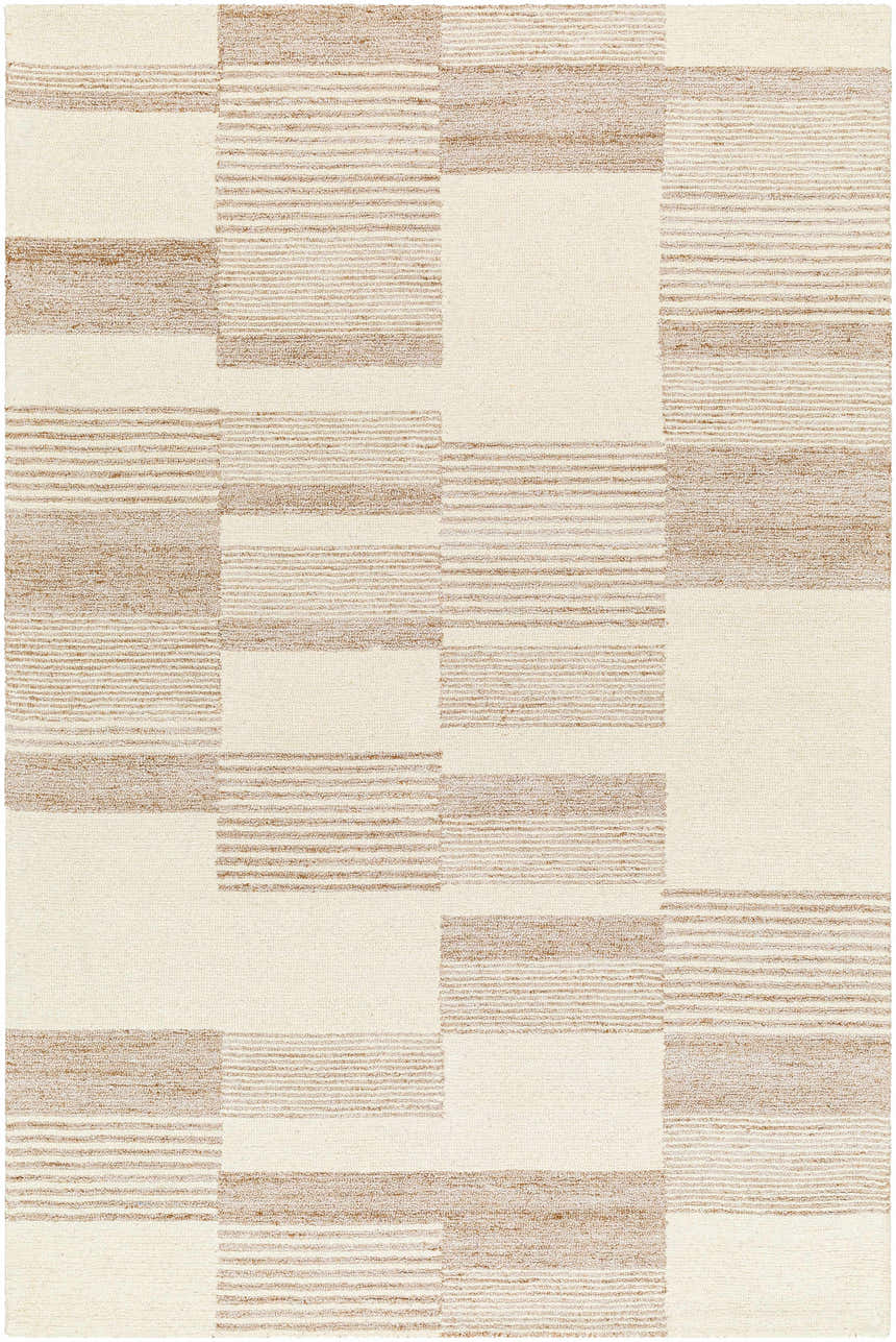 Close-up of the Eyad Area Rug, a hand-tufted rug with a contemporary beige, bone, and brown geometric block pattern. Design-Rectangle-576