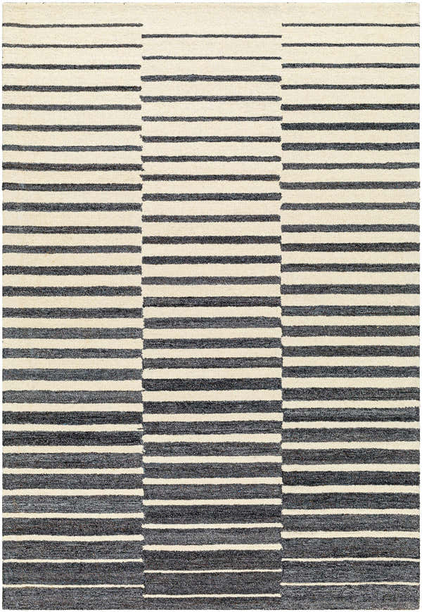Close-up of the Gawel Charcoal Area Rug, featuring a contemporary striped pattern in beige and charcoal hues. Hand-tufted texture. Design-Rectangle-576