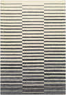 Close-up of the Gawel Charcoal Area Rug, featuring a contemporary striped pattern in beige and charcoal hues. Hand-tufted texture. Design-Rectangle-576