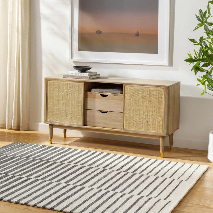 Living room scene with a Gawel Charcoal Area Rug, beige cabinet, and neutral decor. Roomscene-Rectangle