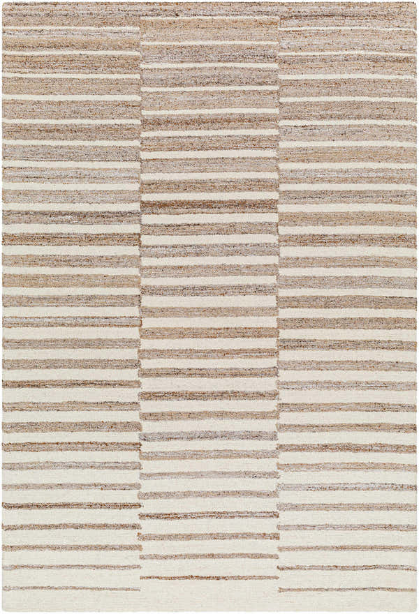Close-up of Gawel Brown Area Rug with a contemporary striped pattern in beige, bone, and brown hues. Hand-tufted texture. Design-Rectangle-576