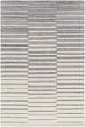 Close-up of the Gawel Gray Area Rug, featuring a contemporary striped pattern in charcoal, light gray, and cream. Hand-tufted wool texture. Design-Rectangle-576