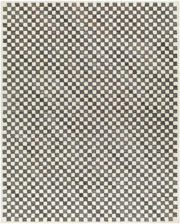 Close-up of the Halen Taupe Checkered Area Rug. Features a brown and lambswool checkered pattern, hand-tufted wool and PET yarn. Design-Rectangle-810