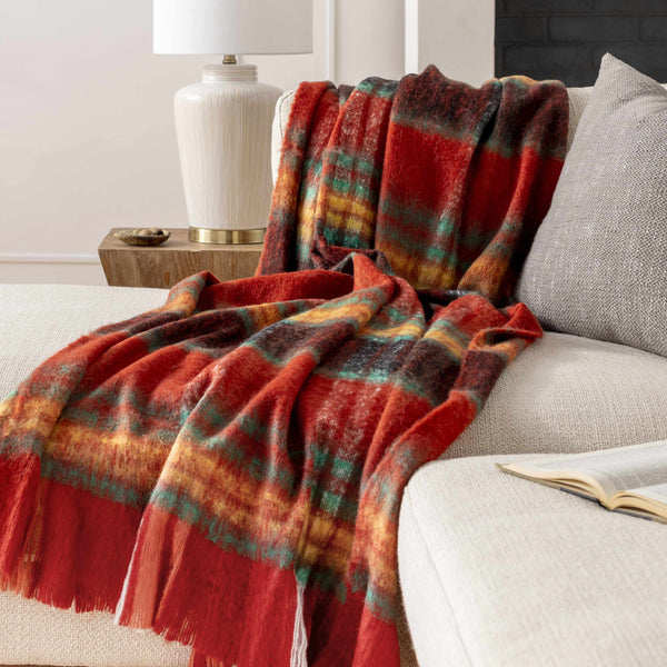 Red Throw Blanket with green and yellow stripes - Clearance