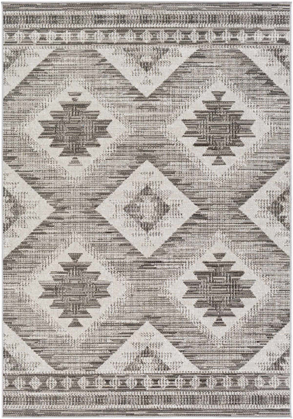 Close-up of Spade Area Rug, a machine-woven rug in black, gray, and white with a Southwestern-inspired geometric pattern. Design-Rectangle-5376