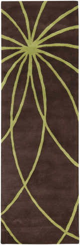Close-up of the Sparr Area Rug. Dark brown wool with a contemporary olive green floral burst pattern. Design-Runner-268