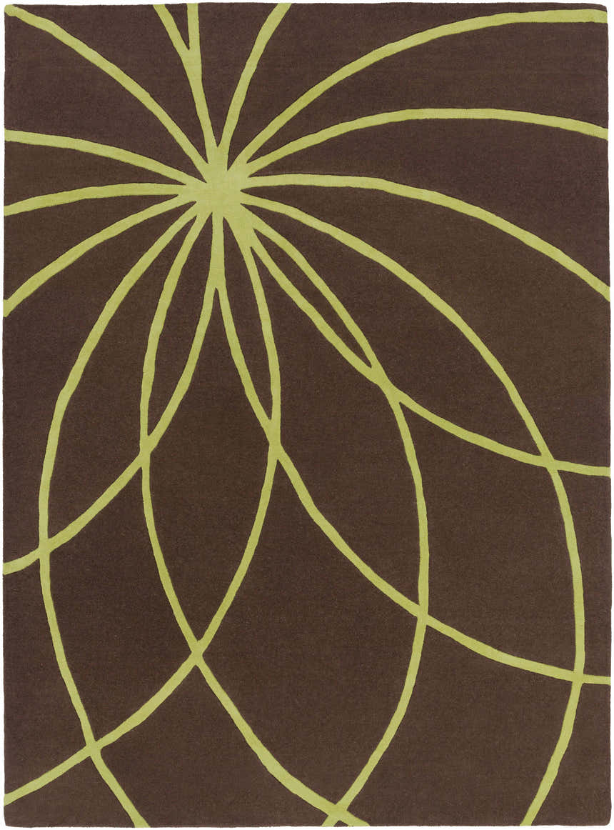 Close-up of the Sparr Area Rug. Hand-tufted wool rug in dark brown with an olive green contemporary floral pattern. Design-Rectangle-811
