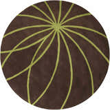 Close-up of the round Sparr Area Rug. Dark brown wool with a contemporary olive green radial pattern. Design-Round-8