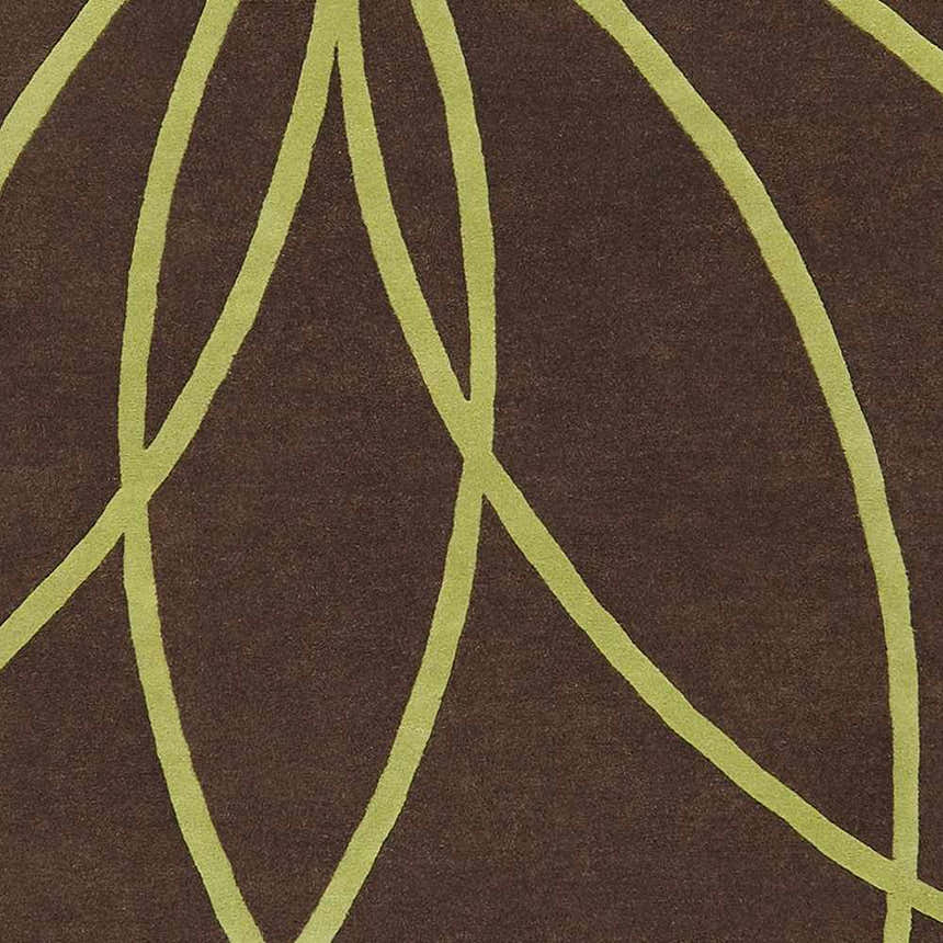 Close-up of Sparr Area Rug. Dark brown wool rug with abstract olive green floral design. Hand-tufted texture. Swatch