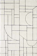 Close-up of the Fusao Rose Cream Area Rug. Beige wool rug with a contemporary geometric pattern of black lines. Design-Rectangle-576