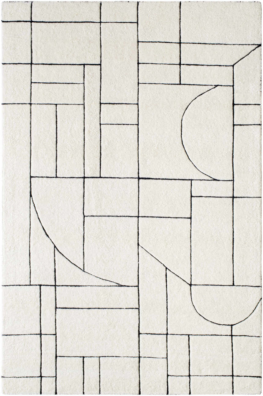 Close-up of the Fusao Rose Cream Area Rug. Beige wool rug with a contemporary geometric pattern of black lines. Design-Rectangle-576
