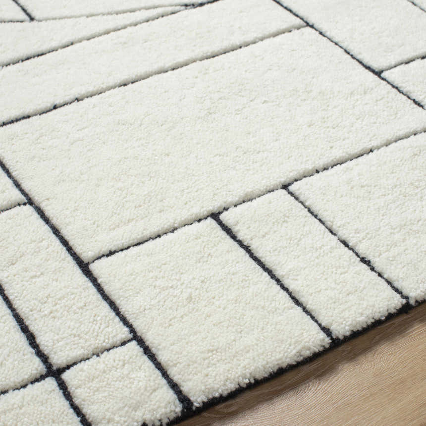 Close-up of the hand-tufted Fusao Rose Cream Area Rug. Beige wool rug with a contemporary geometric pattern. Texture