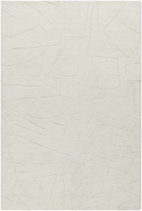 Close-up of the Mony Ivory Area Rug, a hand-tufted wool rug with a light silver, contemporary geometric design. Design-Rectangle-576