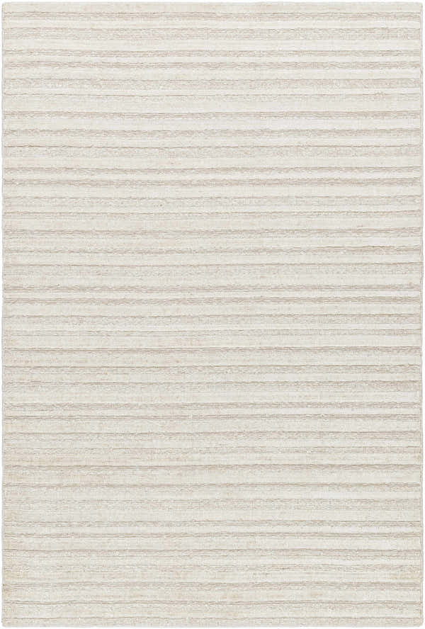 Close-up of the hand-loomed Karla Ivory Area Rug. Beige and bone cotton and viscose rug with a subtle horizontal stripe pattern. Design-Rectangle-576