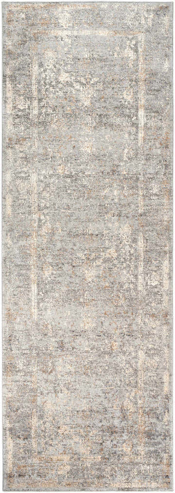 Close-up of the Speaks Traditional Textured Luxe Rug. Features charcoal, gray, and taupe tones with a distressed vintage design. Design-Runner-2773