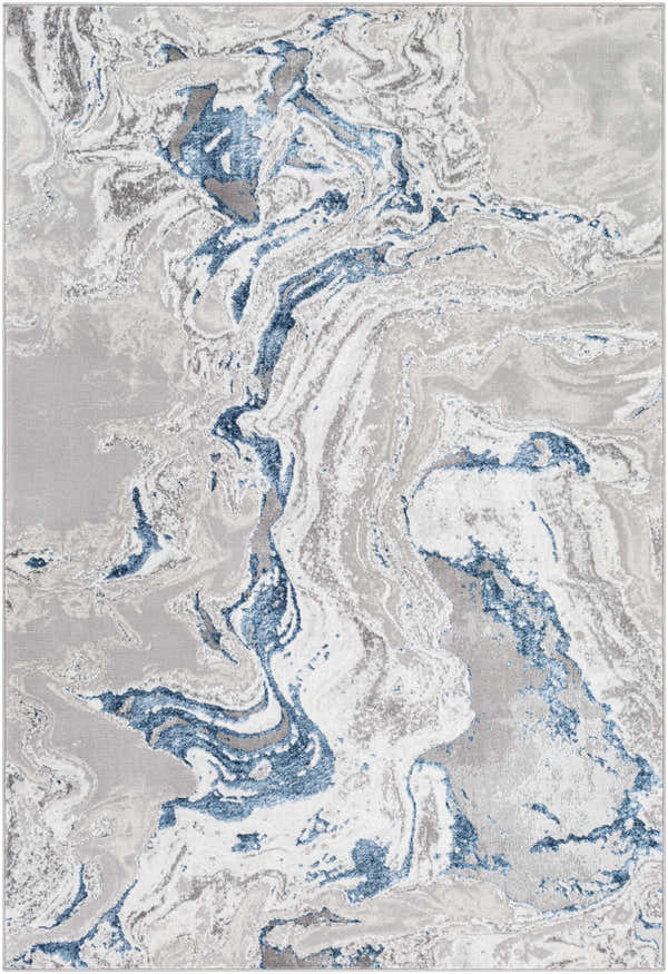 Close-up of the Speldhurst Blue Marble Rug. Features a cream, gray, and blue abstract marble pattern. Contemporary style. Design-Rectangle-527