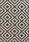 Close-up of the Spilsby Geometric Outdoor Rug. Black and light beige diamond pattern. Design-Rectangle-537