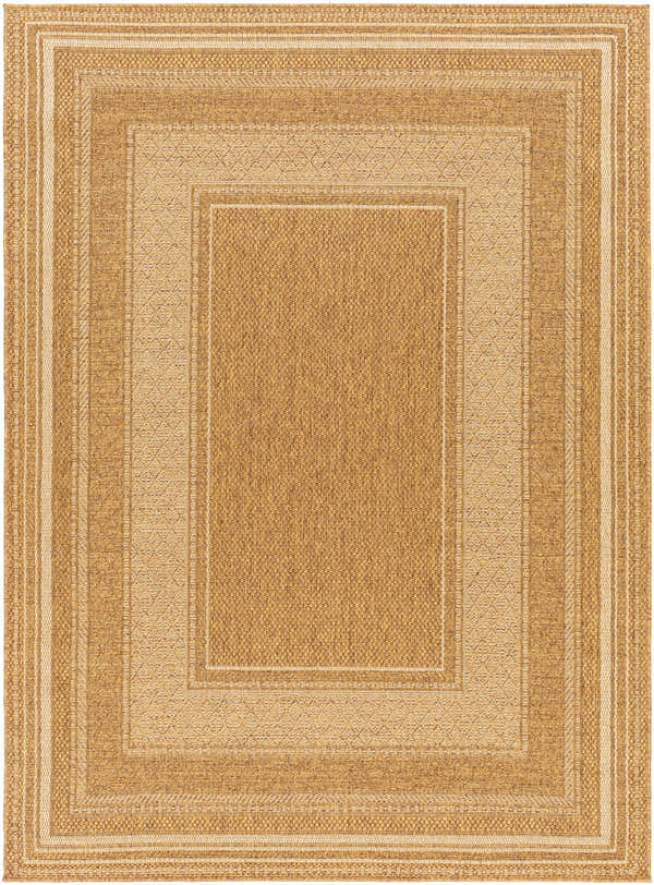 Close-up of the Chael Flatweave Faux Jute Rug. Beige, camel, and brown tones with a geometric border pattern. Design-Rectangle-537