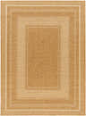 Close-up of the Chael Flatweave Faux Jute Rug. Beige, camel, and brown tones with a geometric border pattern. Design-Rectangle-537