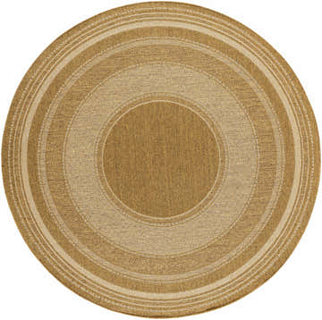 Round Chael Flatweave Faux Jute Rug in beige, camel, and brown tones, with a concentric circle pattern. Design-Round