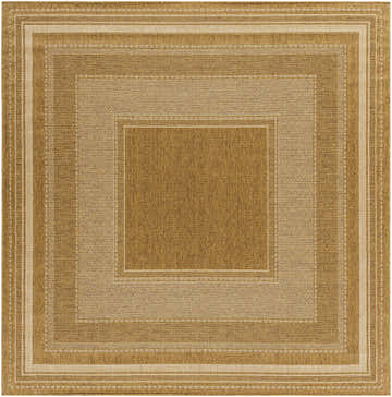 Close-up of the Chael Flatweave Faux Jute Rug. Square rug with beige, camel, and brown concentric borders and woven texture. Design-Square-710