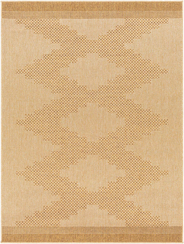 Close-up of the Colum Flatweave Faux Jute Rug. Tan rug with a geometric pattern in dark and medium brown tones. Design-Rectangle-537