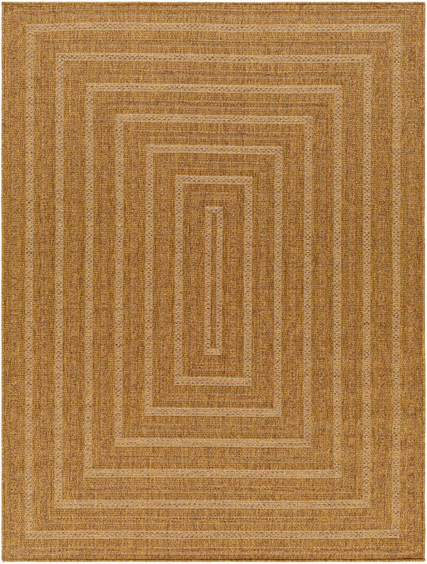 Close-up of the Dyami Flatweave Faux Jute Rug in camel and light brown with a contemporary concentric square design. Design-Rectangle-537