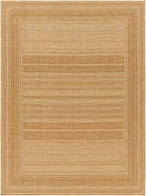 Close-up of the Freja Flatweave Faux Jute Rug showing its beige, brown, and tan woven texture and contemporary design. Design-Rectangle-537