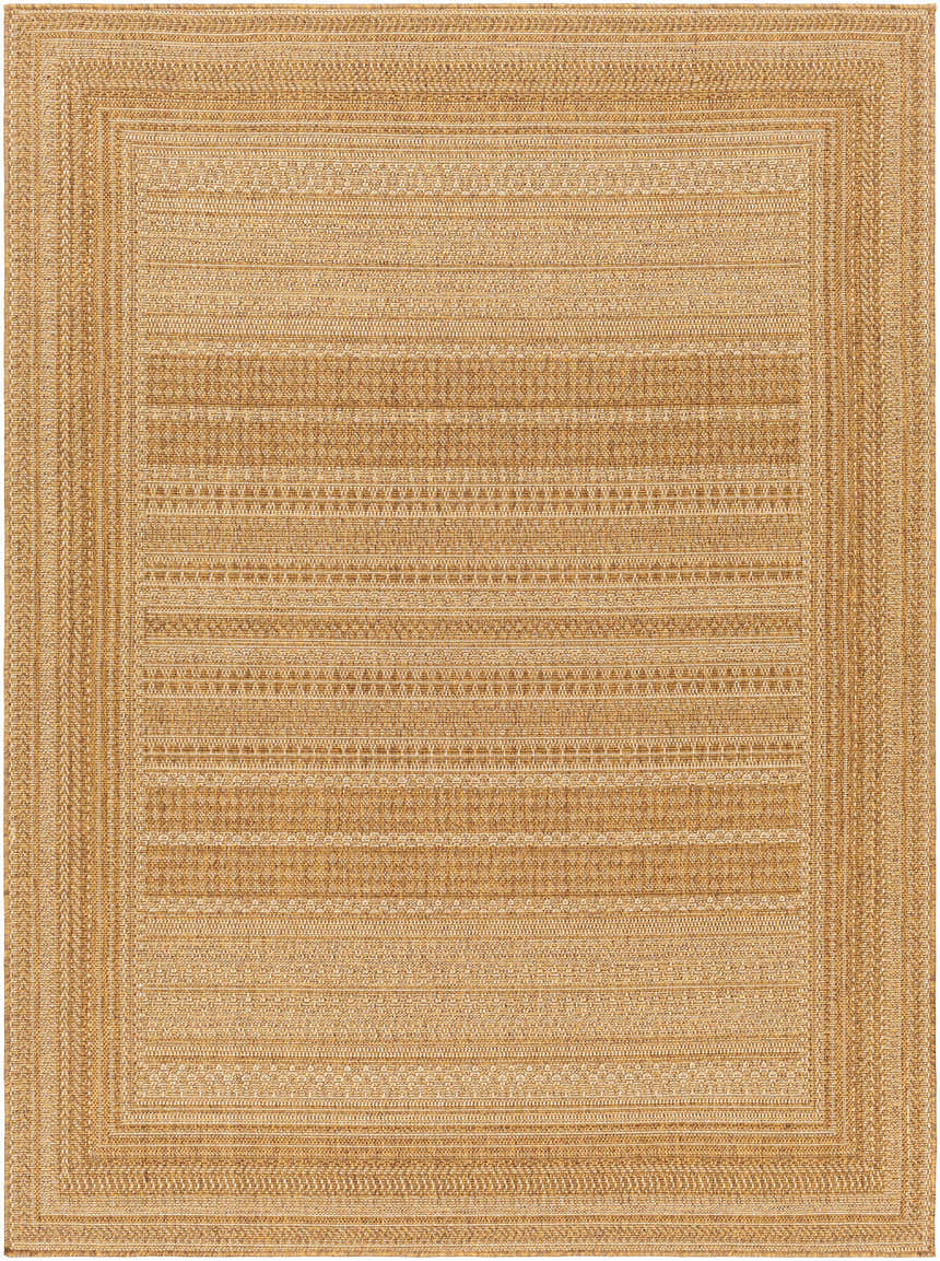 Close-up of the Freja Flatweave Faux Jute Rug showing its beige, brown, and tan woven texture and contemporary design. Design-Rectangle-537