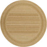 Close-up of round Freja Flatweave Faux Jute Rug. Beige and brown rug with subtle geometric pattern and woven texture. Design-Round