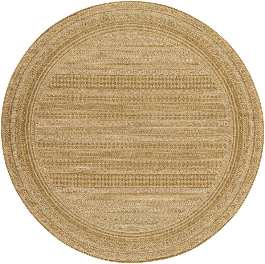 Close-up of round Freja Flatweave Faux Jute Rug. Beige and brown rug with subtle geometric pattern and woven texture. Design-Round