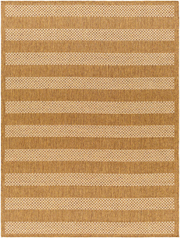 Close-up of the Hiero Flatweave Faux Jute Rug, showcasing beige and champagne horizontal stripes and woven texture. Design-Rectangle-537