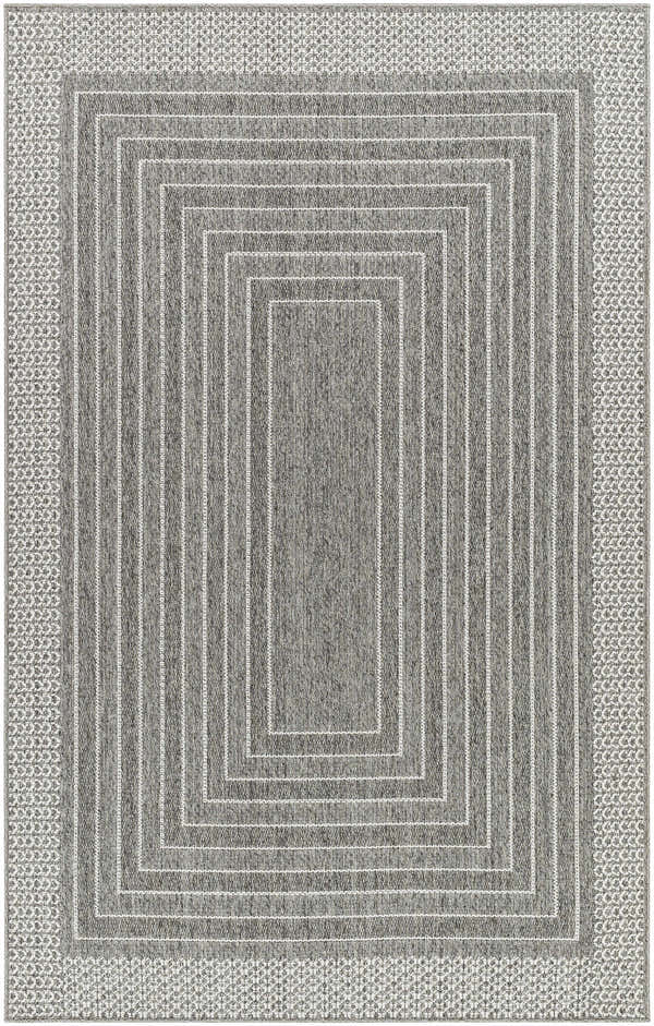 Gray Mopsa Nickel Area Rug. Machine-woven polypropylene rug with a gray, nickel, and white geometric square pattern. Design-Rectangle-537