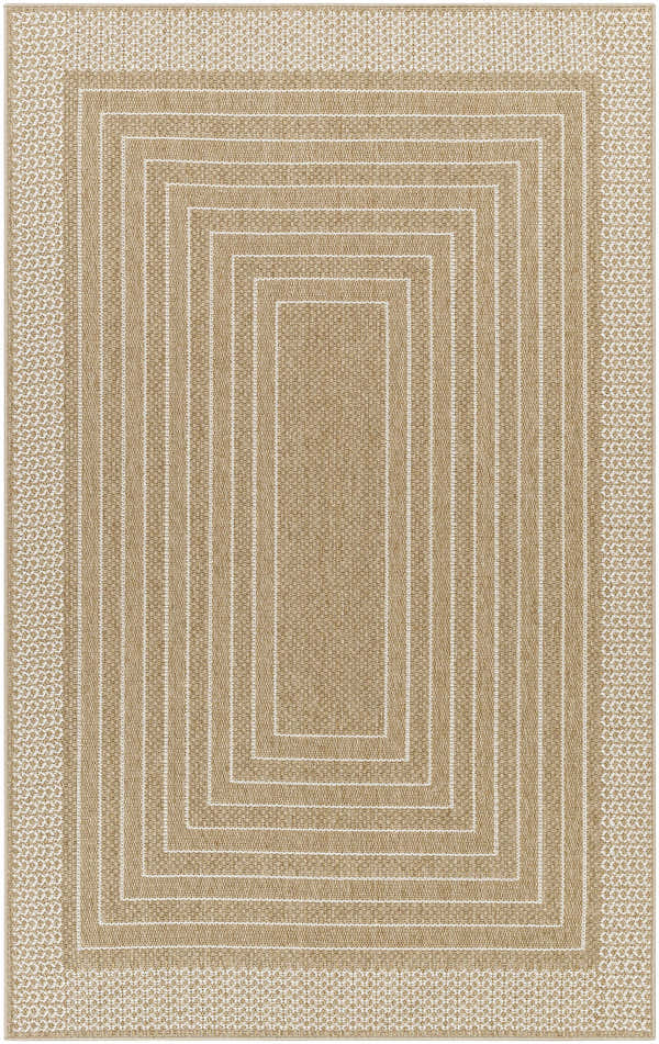 Close-up of Mopsa Tan Area Rug showing its farmhouse style, tan color, white accents, and woven texture. Design-Rectangle-537