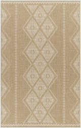 Close-up of the Olina Flatweave Faux Jute Rug. Khaki and tan rug with a geometric diamond pattern. Farmhouse style. Design-Rectangle-537