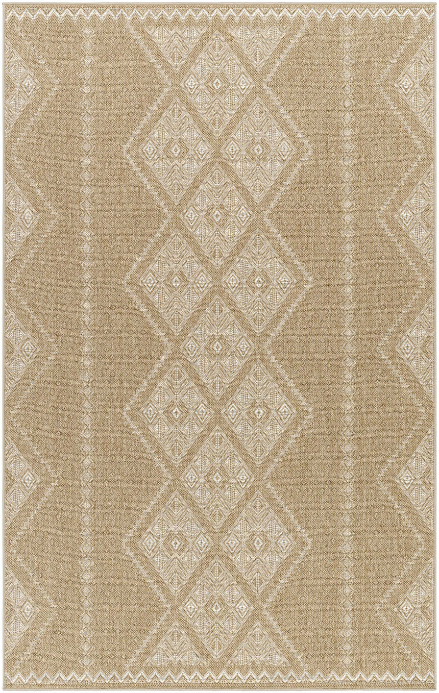Close-up of the Olina Flatweave Faux Jute Rug. Khaki and tan rug with a geometric diamond pattern. Farmhouse style. Design-Rectangle-537